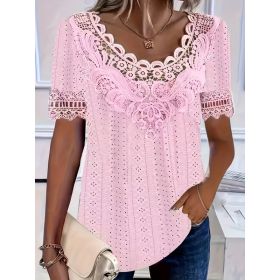 Women's Lace-Patchwork Crew-Neck Short-Sleeve T-Shirt (Option: 0738color-S)