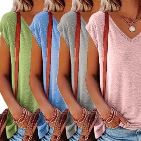4Pack Women's V-Neck Short Sleeve T-Shirts - Summer Casual Solid Color Tops (Option: Green Blue Gray Pink-XL)