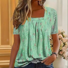 Women's Casual Square Neck Glitter T-Shirt - Sparkling Short Sleeve Top With Printed Design, Vibrant Spring&Summer Fashion Tee (Option: Green-S)