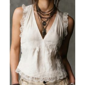 French Vintage Lace Trim Top (Option: OffWhite-XXL)