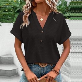Women's Casual V-Neck Blouse Short Sleeve Loose Fit Button Front Solid Color Top (Option: Black-M)