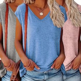 3-Pack Women's Casual V-Neck T-Shirts Solid Color Short Sleeve Tee Tops (Option: Blue Pink Gray-XL)