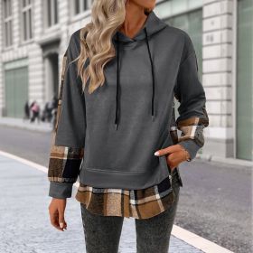 European And American Long Sleeve Plaid Colorblock Hooded Velvet Padded Sweater (Option: Dark Grey-L)