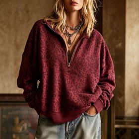 Turn-down Collar Zip-up Retro Leopard-print Oversized Hoodie (Option: Wine Red-S)