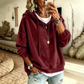 Womens Casual Solid-Color Hooded Long-Sleeve Top With Drawstring (Option: Dark Red-S)