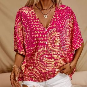 Women's V-Neck Mandala Print Blouse Short Batwing Sleeve Casual Vacation Top (Option: Red-2XL)