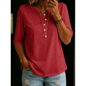 Women's Solid-Colored Cotton Button-Down Half-Sleeve Shirt (Option: Wine Red-S)
