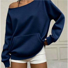 Fashionable Pullover Crew-Neck Off-Shoulder Sweatshirt For Women (Option: Navy Blue-2XL)