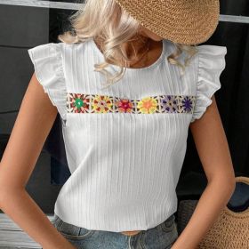 Women's Ruffle Short Sleeve Summer Tops Cute Crew Neck Floral Crochet Blouses Shirts (Option: White-L)