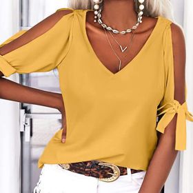 Womens Summer Cold Shoulder Tops Short Sleeve Tie Knot V Neck T Shirts Blouses (Option: Yellow-2XL)
