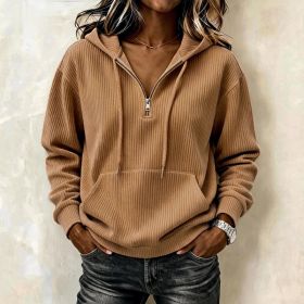 Womens Casual Long-sleeve Hooded Sweatshirt With Pockets And A Zipper (Option: Khaki-S)