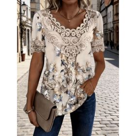 Women's Lace-Patchwork Crew-Neck Short-Sleeve T-Shirt (Option: 0732color-S)