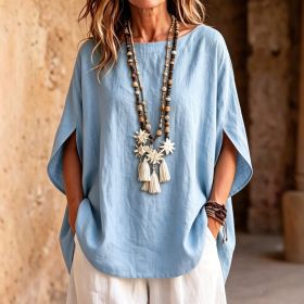 Womens Fashionable Solid-color Round-neck Loose-fit Blouse (Option: Light Blue-S)