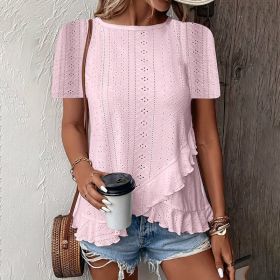 Women's Ruffle Hem Short Sleeve T-Shirt Casual Summer Crew Neck Blouses Top (Option: Pink-S)