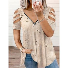 Self-pick-up Plus Size Women'S Casual Heart Print Zipper Short Sleeve Off Shoulder T-Shirt Only Self-pickup Is Supported (Option: Khaki-1XL)