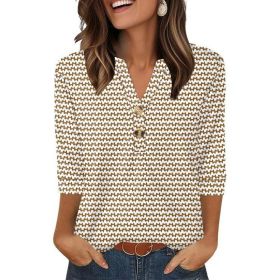 Womens Plus-Size Loose V-Neck Buttoned Three-Quarter Sleeve T-Shirt (Option: Figure 1-S)