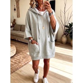 Womens Mid-Length Hoodie Three-Quarter Sleeve Pullover Top (Option: Gray-S)