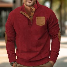 Patch Pocket Jacket Stand Collar Long Sleeve Corduroy Multicolor Hoodie (Option: Wine Red-S)