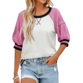 Fisoew Womens Crewneck Sweatshirt Ribbed Raglan Half Sleeve Pullover Tops Color Block Loose Fit Sweatshirts (Option: Pink-S)