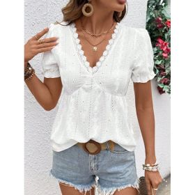 Women's Casual Solid Color Lace-trimmed V-neck T-shirt Top (Option: White-XS)