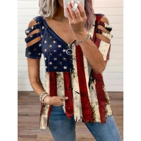 Self-pick-up Women'S Plus Zip Up Flag Print Short Sleeve T-Shirt Only Self-pickup Is Supported (Option: Red-4XL)