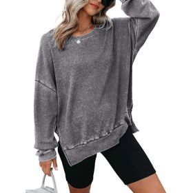 Womens Waffle Knit Crewneck Sweatshirts Long Sleeve Side Slits Casual Pullover Sweatshirt Tops (Option: Gray-L)