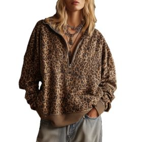 Turn-down Collar Zip-up Retro Leopard-print Oversized Hoodie (Option: Brown-S)