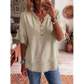 Casual Women's Shirt V-Neck Short Sleeve Loose Fit Pure Color Summer Fashion Trend Pullover Tops For Daily Wear (Option: Apricot-L)