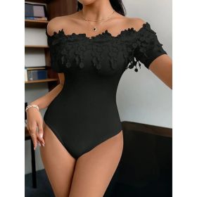 Women's Off Shoulder Short Sleeve Bodysuit Sexy Lace Bodycon Top (Option: Black-XS)