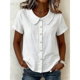 Womens Solid-Colored Short-Sleeve Casual Loose Cotton-Linen Shirt (Option: White-S)