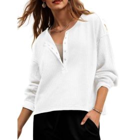 Fisoew Womens Cropped Sweatshirt Casual Waffle Knit Button V Neck Long Sleeve Loose Fit Fall Crop Tops (Option: White-XXL)
