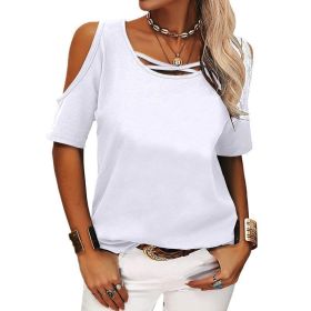 Womens Summer Trendy Shirts V Neck Cold Shoulder Tops Solid Color Casual Loose Sexy Blouse (Option: White-S)