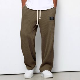 Waffle Straight Pants Fashion Brand Loose Loose  Drawstring Pockets Trousers Casual Men's Clothing (Option: Dark Brown-M)