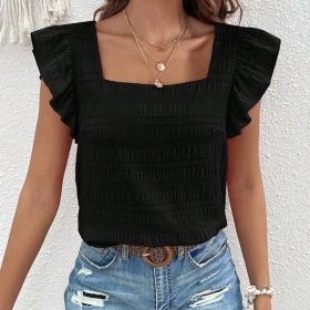 Women's Square Neck Ruffled Sleeve Short-Sleeve Blouse Vacation Casual Summer Top (Option: Black-L)