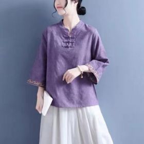 Artistic Cotton Linen Jacquard Embroidered Bell Sleeve Shirt (Option: Purple-M)