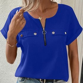 Women's V-Neck Zipper Top Solid Color Short Sleeve Blouse (Option: Blue-S)