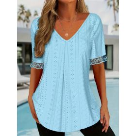 Womens Solid-Color V-Neck Loose Short-Sleeve Pleated T-Shirt Top (Option: Sky blue-S)