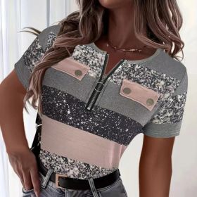 Women's Color Block Zipper T-Shirt, Casual Short Sleeve Summer Top (Option: Gray Pink-L)