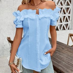 Women's Solid Color Off-Shoulder Ruffled Blouse - Waist Button-Down Shirt For Vacation & Daily Wear (Option: Sky blue-XXL)