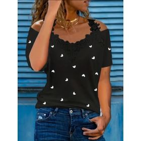New Summer Short-sleeved Lace Heart Print T-shirt Women's Top (Option: M)