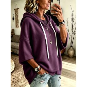 Womens Loose-fitting Hooded Top With Three-quarter Sleeves (Option: Purple-S)