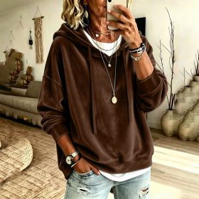 Womens Casual Solid-Color Hooded Long-Sleeve Top With Drawstring (Option: Brown-M)