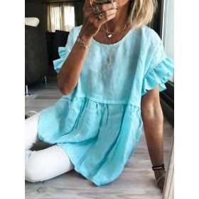 Solid-color Crewneck Short-sleeve Ruched Womens Top (Option: Sky blue-M)