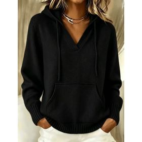 Kangaroo Pocket Knitted Hooded Drawstring Sweatshirt (Option: Black-M)
