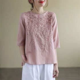 Artistic Retro Cotton And Linen Solid Color Half Sleeve (Option: Pink-L)
