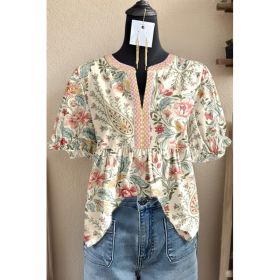European And American Womens V-neck Ruffled-sleeve Short Sleeve (Option: Color-M)