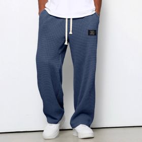 Waffle Straight Pants Fashion Brand Loose Loose  Drawstring Pockets Trousers Casual Men's Clothing (Option: Navy Blue-M)