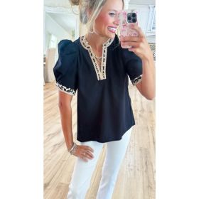 Leopard-print Contrast-color V-neck Puffed-sleeve Top (Option: Black-M)