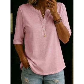 Women's Solid-Colored Cotton Button-Down Half-Sleeve Shirt (Option: Pink-M)