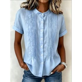 Fashionable Buttoned Stand-collar Solid-color Short-sleeve Shirt (Option: Sky blue-M)
